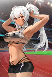  alabama_(azur_lane) armpits arms_behind_head azur_lane bandeau bare_shoulders bikini bikini_under_clothes black_bikini black_shorts breasts commission dark-skinned_female dark_skin detached_collar facepaint female highres long_hair looking_at_viewer medium_breasts micro_shorts midriff mush navel orange_eyes outdoors red_eyes see-through_clothes shorts skindentation smile solo stadium stomach strapless swimsuit thighs tube_top twintails tying_hair underboob very_long_hair white_hair 