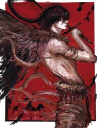  1boy armband black_feathers black_hair black_wings choujin_x feathered_wings feathers harpe highres holding holding_weapon kurohara_tokio_(choujin_x) kyezzzz looking_at_viewer looking_to_the_side red_background red_eyes scar sickle topless_male weapon wings 