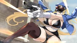  absurdres aiming artoria_pendragon_(fate) artoria_pendragon_(lancer)_(fate) bikini bikini_top_only black_bikini blonde_hair blue_eyes blue_jacket breasts brick_wall cleavage commission english_commentary eyewear_on_head fate/grand_order fate_(series) female finger_on_trigger glock gloves gun handgun hat high-waist_skirt high_heels highres holding holding_gun holding_weapon jacket jacket_on_shoulders large_breasts long_hair miniskirt outdoors panties pantyshot police police_hat police_uniform policewoman projectile_trail shiki_(love-saber) skirt sky solo squatting swimsuit thighhighs underboob underwear upskirt very_long_hair weapon white_gloves window 