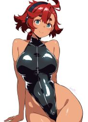  ahoge batta_16-sei black_hairband black_leotard blue_eyes breasts covered_navel cowboy_shot dark-skinned_female dark_skin female gundam gundam_suisei_no_majo hairband highleg highleg_leotard highres large_breasts leotard long_hair red_hair simple_background sitting solo suletta_mercury thick_eyebrows turtleneck turtleneck_leotard white_background 