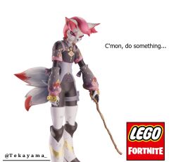  3d_(artwork) anthro band-aid band-aid_on_face bandage bandage_on_face canid canine cute_fangs digital_media_(artwork) epic_games eyebrows eyeshadow female fortnite fox fur hair kimiko_five-tails lego makeup mammal pink_eyebrows pink_eyeshadow pink_hair solo tail teeth tekayama white_body white_fur 