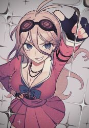  antenna_hair arm_up barbed_wire blue_eyes breasts cleavage danganronpa_(series) danganronpa_v3:_killing_harmony female gradient_background green_shirt grey_background grin hair_between_eyes hand_on_own_hip highres index_finger_raised iruma_miu kappa-bushi-16 large_breasts long_sleeves miniskirt pink_skirt pleated_skirt shirt skirt smile solo sparkle teeth 