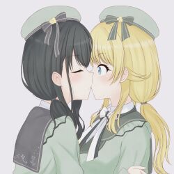  2girls black_hair blonde_hair blue_eyes bow bowtie closed_eyes commentary_request from_side green_hat green_shirt hachimiya_meguru hand_on_another&#039;s_arm hat idolmaster idolmaster_shiny_colors kazano_hiori kissing looking_at_another multiple_girls profile purple_background shirt shlki simple_background twintails upper_body white_bow white_bowtie yuri 