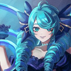  ahoge azuzu black_bow black_dress black_gloves bow collarbone dress drill_hair female gloves green_eyes green_hair gwen_(league_of_legends) hairbow highres holding holding_scissors league_of_legends long_hair oversized_object puffy_short_sleeves puffy_sleeves scissors short_sleeves smile twin_drills twintails 