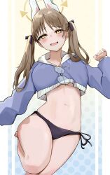  absurdres bikini blue_archive blush breasts brown_hair chankuro female halo highres hood large_breasts long_hair looking_at_viewer midriff moe_(blue_archive) moe_(swimsuit)_(blue_archive) navel official_alternate_costume smile stomach swimsuit thighs twintails unworn_eyewear 