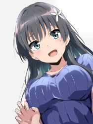  :d black_hair blue_shirt borgbutler breasts collarbone female flower green_eyes hair_flower hair_ornament highres large_breasts long_hair open_mouth ribbed_shirt saten_ruiko shirt short_sleeves simple_background smile solo toaru_kagaku_no_railgun toaru_majutsu_no_index tongue upper_body white_background 