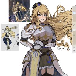  armor black_hat blonde_hair blue_eyes breastplate bunnyoki cowboy_shot female genshin_impact grey_skirt grin hat highres long_hair looking_at_viewer mini_hat multiple_views navia_(genshin_impact) shoulder_armor skirt smile standing unfinished very_long_hair white_background 