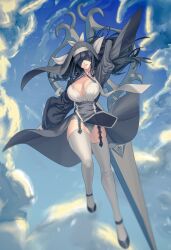  absurdres artist_request black_hair blindfold breasts cleavage facing_viewer female garter_straps habit highres large_breasts long_hair long_sleeves mostegna nun original panties scissors shoes solo thighhighs underwear wide_sleeves 