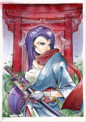  belt breasts female gloves highres japanese_clothes katana kimono long_hair looking_at_viewer marvel marvel_rivals painttool_sai_(medium) psylocke purple_hair rodrigo_yoshimiya sarashi scarf solo sword weapon x-men 