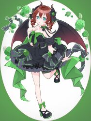  bat_wings black_bow black_dress black_footwear black_horns black_wings blue_eyes bow breasts brown_hair cleavage collarbone commentary demon_girl demon_horns demon_wings dress dress_bow dress_flower drill_hair emma_verde female flower frilled_dress frills full_body gradient_horns gradient_wings green_bow green_flower green_rose hairbow highres horns index_finger_raised kam_tuki large_breasts leg_up looking_at_viewer love_live! love_live!_nijigasaki_high_school_idol_club medium_dress medium_hair multicolored_horns multicolored_wings off-shoulder_dress off_shoulder official_alternate_costume rose sidelocks solo twin_drills white_background wings 