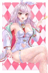  :d absurdres argyle_background back_cutout bag breasts clothing_cutout commentary_request crossed_legs feet_out_of_frame female fishnet_thighhighs fishnets food fork grey_hair heart_cutout highres holding holding_fork jacket leotard long_hair long_sleeves looking_at_viewer medium_breasts multicolored_hair nail_polish navel navel_cutout off_shoulder open_clothes open_jacket playboy_bunny red_eyes red_hair red_nails shironeko_project shoulder_bag sitting sleeves_past_wrists smile solo strapless strapless_leotard streaked_hair sunameri_(pixiv3564245) thighhighs white_jacket white_leotard 