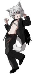  animal_ear_fluff animal_ears belt black_footwear black_pants blue_eyes blush bra claw_pose highres looking_at_viewer mormormorp navel oerba_yun_fang open_mouth original pants shoes short_hair simple_background smile tail underwear white_background white_bra white_hair 