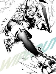  anby_demara ass closed_mouth female fingerless_gloves full_body gloves greyscale hair_between_eyes headphones highres holding holding_sword holding_weapon hoyhoy_colo lightning looking_at_viewer monochrome serious short_hair sidelocks skirt solo sword thighhighs weapon zenless_zone_zero 