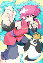  1boy absurdres blue_eyes blue_pants braid braided_ponytail breasts chinese_clothes commentary dragon eyeshadow female highres large_breasts long_hair looking_at_viewer makeup outstretched_arm panda pants purple_eyeshadow ranma-chan ranma_1/2 red_hair red_shirt saotome_genma_(panda) shirt single_braid sleeveless sleeveless_shirt solo teapot tetsu_booya two-tone_background white_background yellow_background 