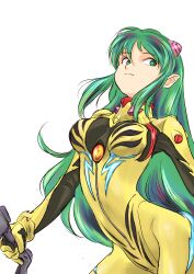  absurdres bodysuit breasts female green_eyes green_hair highres horns lum medium_breasts oni plugsuit smile solo urusei_yatsura yellow_bodysuit yunarisa_haruka 