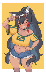  absurdres animal_ear_fluff animal_ears black_hair blush bracelet brazilian_flag_print brazilian_miku brazilian_miku_(cosplay) commentary_request cosplay cowboy_shot eyewear_on_head female grin hair_ornament hand_on_own_hip hatsune_miku highres hololive jewelry kani_bonara long_hair looking_at_viewer multicolored_hair multiple_bracelets navel one_eye_closed ookami_mio ponytail red_hair short_shorts shorts smile solo stomach streaked_hair sunglasses tail tail_around_own_leg two-tone_background very_long_hair virtual_youtuber vocaloid white_background wolf_ears wolf_girl wolf_tail yellow_background yellow_eyes 