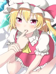  biting biting_another&#039;s_finger blonde_hair commentary_request dadamori fangs female finger_in_another&#039;s_mouth flandre_scarlet hat hat_ribbon holding_another&#039;s_wrist looking_at_viewer mob_cap pointy_ears puffy_short_sleeves puffy_sleeves red_eyes ribbon shadow short_sleeves side_ponytail simple_background sitting skirt skirt_set slit_pupils solo_focus touhou wariza white_background wings 