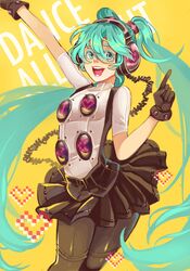  alternate_costume aqua_eyes aqua_hair black_gloves black_pantyhose black_skirt commentary_request female gloves goldfishu hatsune_miku headphones heart highres long_hair open_mouth pantyhose parody persona persona_4:_dancing_all_night persona_dancing skirt smile solo twintails very_long_hair vocaloid 