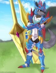  absurd_res alternate_color anthro armor blake_o_neil canid canine capcom digital_media_(artwork) generation_4_pokemon hi_res lucario male mammal monster_hunter nintendo pokemon pokemon_(species) shaded skylosminkan solo 