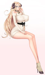  animal_ears bare_shoulders baru_(val-val) belt blonde_hair blue_eyes breasts collar collarbone curvy demon_girl dress erect_nipples female glasses goat_ears goat_horns gradient gradient_background high_heels highres hooves horns huge_breasts legs lips long_hair looking_at_viewer miniskirt nail_polish original shoes sitting skirt solo succubus 