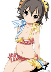  :o akagi_miria bikini black_hair blush brown_eyes commentary_request female idolmaster idolmaster_cinderella_girls kiya_shii navel photoshop_(medium) pikapikapop_(idolmaster) short_hair simple_background solo swimsuit two_side_up white_background 