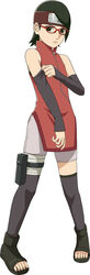  arm_warmers bandage bare_shoulders black_eyes black_hair black_legwear black_shoes boruto:_the_movie eyelashes female flat_chest forehead_protector full_body glasses looking_at_viewer naruto official_art pigeon-toed red-framed_glasses shoes short_hair shorts simple_background sleeveless solo standing thigh_holster thighhighs toenails toes uchiha_sarada white_background zipper 