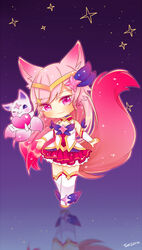  ahri alternate_costume alternate_eye_color alternate_hair_color animal_ears boots chibi detached_sleeves female fox_ears fox_tail hair_ornament hairband league_of_legends long_hair looking_at_viewer magical_girl peach_hair skirt star_guardian_ahri tail thigh_boots thighhighs white_legwear 