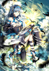  absurdres bare_shoulders bird blue_eyes breasts cannon cloud commentary detached_collar detached_sleeves female guam_(warship_girls_r) gun headset high_heels highres ierotak instrument keyboard_(instrument) long_hair mecha_musume medium_breasts ocean seagull socks speaker striped_clothes striped_socks sunlight turret warship_girls_r water weapon 