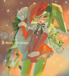  1boy 2018 android bell blush bow christmas commentary crossdressing dress dress_tug english_text fur_trim gloves green_bow green_eyes hat helmet holding holding_sack male_focus mega_man_(series) mega_man_zero_(series) merry_christmas open_mouth otoko_no_ko protected_link red_dress red_gloves red_hat sack sage_harpuia_(mega_man) santa_costume santa_dress santa_gloves santa_hat scccs2 snowing solo standing 