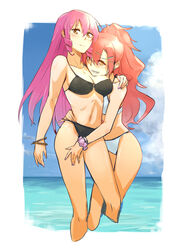  2girls aimitsu_(ibityuttyu) akuma_no_riddle bikini black_bikini blush bracelet breasts brown_eyes cleavage cloud commentary_request cropped_legs day drill_hair grin hair_between_eyes high_ponytail inukai_isuke jewelry long_hair looking_at_viewer medium_breasts multiple_girls navel ocean pink_hair purple_scrunchie red_hair sagae_haruki scrunchie smile standing swimsuit twin_drills very_long_hair white_bikini wrist_scrunchie yuri 