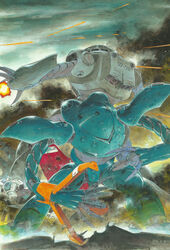  artist_name battle gm_cold_districts_type gradient gradient_background gundam gundam_0080 highres hygogg kazuhisa_kondo mecha official_art shield smoke z&#039;gok z&#039;gok-e 