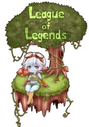  blue_eyes blue_skin colored_skin commentary_request crop_top faux_figurine female goggles goggles_on_head green_eyes highres league_of_legends midriff mushroom navel otani_(kota12ro08) plant pointy_ears short_hair sitting solo transparent_background tree tristana vines white_hair yordle 