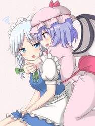  2girls apron arms_around_neck bat_wings between_legs blue_eyes blue_hair blush braid commentary_request dadamori grey_hair hair_ribbon hand_between_legs hat hat_ribbon hug hug_from_behind izayoi_sakuya kneeling leaning_on_person looking_at_another looking_back maid_headdress mob_cap multiple_girls oerba_yun_fang open_mouth own_hands_together pink_background profile puffy_short_sleeves puffy_sleeves remilia_scarlet ribbon short_hair short_sleeves simple_background sitting skirt skirt_set squiggle touhou tress_ribbon twin_braids waist_apron wings 