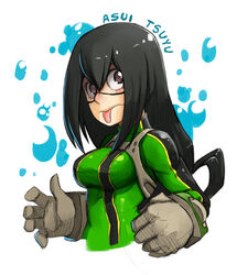  :p asui_tsuyu bad_deviantart_id bad_id bankage black_hair bodysuit boku_no_hero_academia breasts brown_eyes character_name commentary female gloves green_bodysuit hair_between_eyes hair_rings long_hair low-tied_long_hair medium_breasts solo tongue tongue_out upper_body 