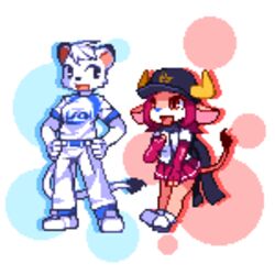  1:1 anthro bovid bovine buffalo_bell digital_media_(artwork) duo felid female fur kemono lina_(saitama_seibu_lions) lion low_res male mammal mascot nippon_professional_baseball orix_buffaloes pantherine pixel_(artwork) red_body red_eyes red_fur saitama_seibu_lions shio_inu thumbnail true_buffalo water_buffalo white_body white_fur 