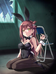  animal_ears bare_shoulders black_pantyhose blush bow bowtie breasts broken_window brown_hair chair cleavage commentary_request cuffed cuffs detached_collar female fishnet_pantyhose fishnets gakkou_gurashi! hair_ornament hairclip handcuffs high_heels large_breasts long_hair looking_at_viewer masakichi_(crossroad) mole mole_under_eye pantyhose playboy_bunny rabbit_ears rabbit_tail sitting solo tail wakasa_yuuri wariza wrist_cuffs yellow_eyes 