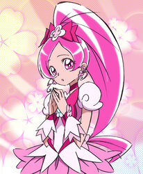  bow choker commentary_request cure_blossom earrings eyelashes female gorou_(pixiv3249935) hanasaki_tsubomi heartcatch_precure! high_ponytail jewelry long_hair looking_at_viewer magical_girl pink_background pink_bow pink_choker pink_eyes pink_hair pink_skirt pink_theme ponytail precure puffy_sleeves skirt solo umakoshi_yoshihiko_(style) very_long_hair wrist_cuffs 