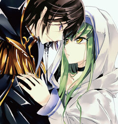  1boy black_hair c.c. code_geass collarbone commentary_request female green_hair hair_between_eyes hood jewelry julius_kingsley long_hair long_sleeves looking_at_another meimi_k photoshop_(medium) purple_eyes short_hair sidelocks simple_background smile uniform upper_body yellow_eyes 