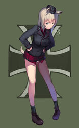  animal_ears bare_legs boots commentary_request cross dog_ears dog_girl dog_tail female girls_und_panzer green_eyes grey_hair hands_on_own_hips highres hino_katsuhiko iron_cross itsumi_erika kuromorimine_military_uniform microskirt military military_uniform parody photoshop_(medium) skirt solo tail underwear uniform world_witches_series 