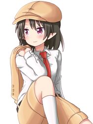  alternate_costume belt black_belt black_hair blush breasts brown_hat brown_jacket brown_shorts cabbie_hat closed_mouth collared_shirt commentary_request dadamori dress_shirt female flat_cap foot_out_of_frame happy hat jacket jacket_on_shoulders jacket_over_shoulder knee_up kneehighs light_smile long_sleeves looking_away looking_to_the_side necktie official_alternate_costume pointy_ears purple_eyes red_eyes red_necktie shameimaru_aya shameimaru_aya_(newsboy) shirt short_hair shorts simple_background sitting small_breasts smile socks solo suit_jacket touhou unworn_jacket white_background white_shirt white_socks 