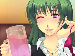  blush cup drink earrings female green_hair highres holding jewelry lips lipstick long_hair looking_at_viewer makeup nail_polish one_eye_closed panties pink_panties purple_eyes sitting smile underwear upper_body wink yoko_jyusuke 