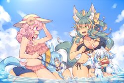  4girls ahoge animal_ear_fluff animal_ears ass bare_shoulders bikini bit_gag black_bikini blue_eyes blue_hair blue_sky blush bondage breasts bridle brown_hair cleavage cloud collarbone commentary_request day femdom frilled_bikini frills gag gag_harness gagged green_eyes hat holding holding_reins horns horseback_riding kuromiya kuromiya_raika_(kuromiya) kuzakura_mika_(kuromiya) large_breasts long_hair multicolored_hair multiple_girls oerba_yun_fang open_mouth original outdoors pet_play pink_hair pony_play purple_eyes reins riding shiromiya_asuka_(kuromiya) short_hair sitting sitting_on_person sky souma_ren_(kuromiya) swimsuit tail two-tone_hair water white_bikini white_hair yuri 