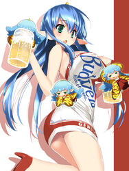  :o alcohol beer blue_hair breasts budweiser chibi dress drink female green_eyes high_heels hima horns huge_breasts legs long_hair momotarou_densetsu oerba_yun_fang open_mouth pointy_ears print_dress single_horn solo underbutt yashahime_(momotarou_densetsu) 