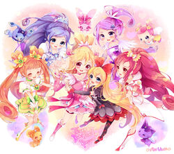  6+girls ai-chan_(dokidoki!_precure) aida_mana animal_print artist_name asymmetrical_clothes bat_print blonde_hair blue_eyes blue_hair blue_skirt blush boots bow brooch choker closed_eyes commentary_request copyright_name cure_ace cure_diamond cure_heart cure_rosetta cure_sword curly_hair davi_(dokidoki!_precure) dokidoki!_precure double_bun earrings english_text eyelashes hair_bun hair_flip hair_ornament hair_ribbon hairclip half_updo happy heart heart_brooch heart_hair_bun high_heels high_ponytail hishikawa_rikka jewelry kenzaki_makoto knee_boots kneehighs looking_at_viewer madoka_aguri magical_girl mosaic_background multiple_girls open_mouth orange_hair pantyhose pink_arm_warmers pink_bow pink_eyes pink_skirt pink_sleeves ponytail precure print_pantyhose purple_arm_warmers purple_choker purple_eyes purple_hair purple_skirt rakeru_(dokidoki!_precure) rance_(dokidoki!_precure) red_eyes red_hair red_skirt regina_(dokidoki!_precure) ribbon sharuru_(dokidoki!_precure) side_ponytail signature skirt smile socks thigh_boots thighhighs thighs twintails uzuki_aki waist_bow yellow_skirt yotsuba_alice 