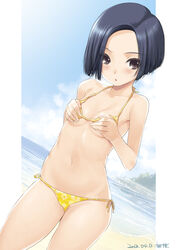  :o beach bikini black_eyes blue_hair blush bob_cut breasts cloud commentary_request covering_breasts covering_privates cowboy_shot dated day dutch_angle female floral_print groin kiya_shii kobayakawa_rinko looking_at_viewer love_plus lowleg lowleg_bikini navel ocean open_mouth outdoors photoshop_(medium) print_bikini short_hair side-tie_bikini_bottom signature sky small_breasts solo standing string_bikini swimsuit underboob water yellow_bikini 