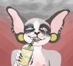  2017 5_fingers ambiguous_gender anthro beverage black_nose bodily_fluids bust_portrait claws clothed clothing cloud coffee cornish_rex crying digital_media_(artwork) digital_painting_(artwork) domestic_cat drinking ear_piercing fangs felid feline felis fingers food front_view fur gauged_ear grey_body grey_fur hairless holding_food holding_object looking_at_viewer mammal meowipede multicolored_body multicolored_fur nipples nude pawpads piercing pink_pawpads portrait pupils raining red_background rex_(cat) simple_background slit_pupils smile solo standing storm storm_clouds straw_(disambiguation) tears teeth topless two_tone_body two_tone_fur white_body white_fur 