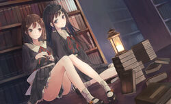  2girls ass black_eyes black_hair blush book bookshelf brown_eyes brown_hair commentary flowers_(innocent_grey) frills highres kobuta kousaka_mayuri lantern library long_hair mary_janes multiple_girls pleated_skirt ribbon school_uniform shirahane_suou shoes sitting skirt smile socks thighs white_legwear yokozuwari 