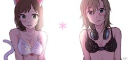  2girls animal_ears asterisk_(idolmaster) bad_id bad_pixiv_id bare_shoulders black_bra blush bra breasts brown_hair cat_ears cat_tail cleavage collarbone commentary_request facepaint green_eyes headphones headphones_around_neck idolmaster idolmaster_cinderella_girls ilhi looking_at_viewer maekawa_miku medium_breasts multiple_girls short_hair smile tada_riina tail underwear underwear_only white_bra 