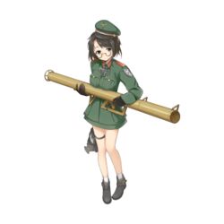  artist_request black_hair female full_body gas_mask glasses hat looking_at_viewer mask milihime_taisen military military_hat military_uniform official_art panzerschreck rocket_launcher short_hair solo transparent_background uniform weapon 