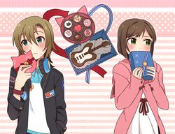  2girls asterisk_(idolmaster) bad_id bad_pixiv_id blush box box_of_chocolates bracelet brown_hair chocolate gift gift_box green_eyes headphones headphones_around_neck holding holding_gift idolmaster idolmaster_cinderella_girls ilhi jacket jewelry maekawa_miku multiple_girls short_hair tada_riina valentine yuri 